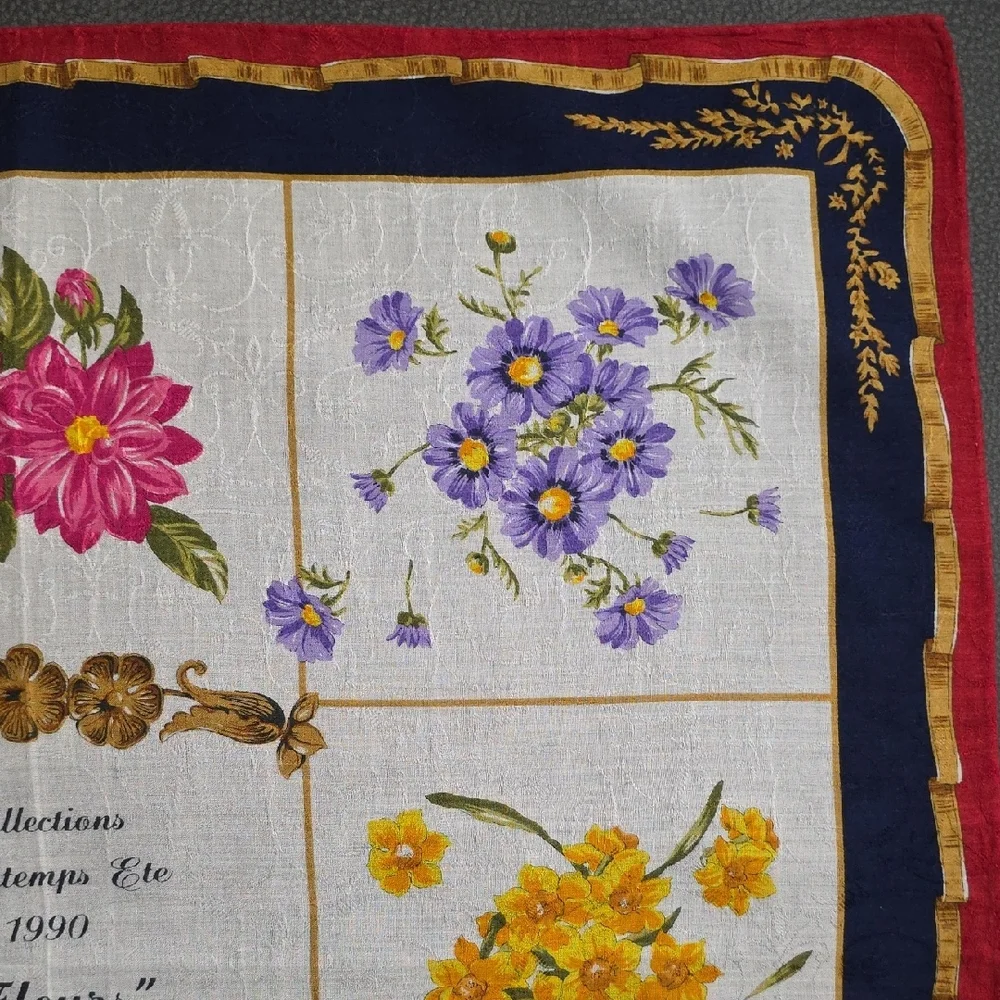 Vintage Celine Floral Silk Scarf with Navy and Red Border